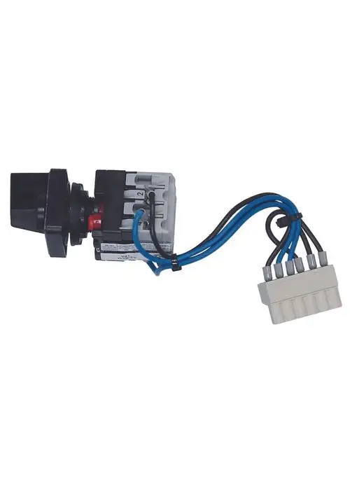 Hauptschalter mit mehreren Kabelanschlüssen, hergestellt von Judo. Schwarzes Gehäuse mit zwei blauen und einem schwarzen Kabel, verbunden zu einem Stecker.